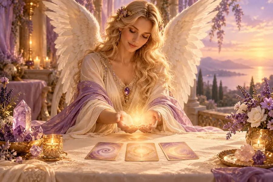 Spirituelle Lebensberatung mit Engeln und Karten: Ein Engel hält goldenes Licht über drei Karten