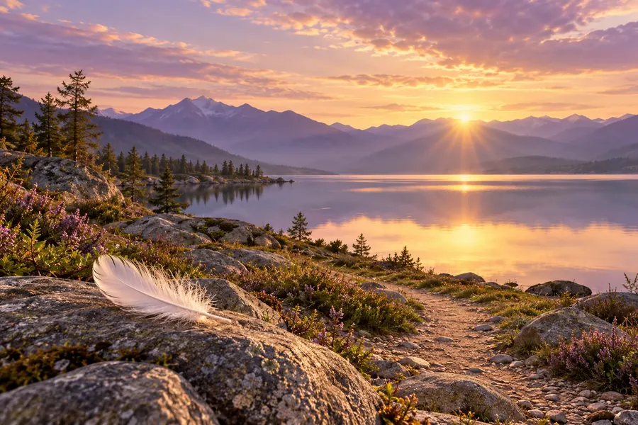 Ruhiger Bergsee im Morgenlicht mit weißer Feder als Symbol für innere Klarheit