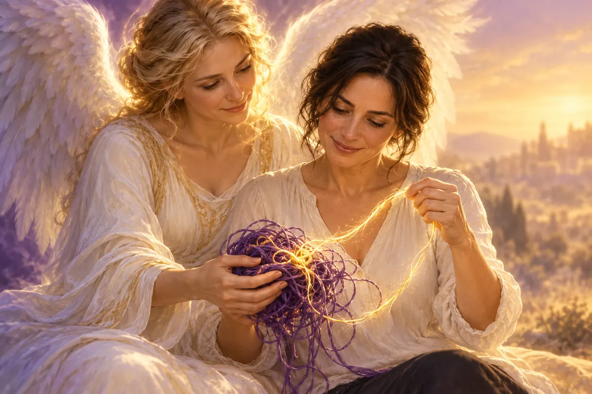 Spirituelle Lebensberatung: Eine Frau löst mit Engelbegleitung einen goldenen Faden aus einem violetten Knoten